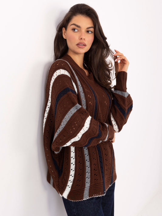 Brązowy damski sweter oversize w paski