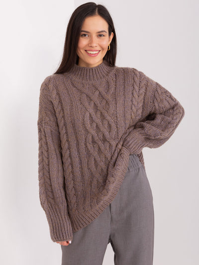 Brązowy sweter z warkoczami i ściągaczami