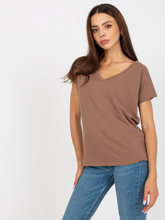 Brązowy t-shirt basic z dekoltem w serek