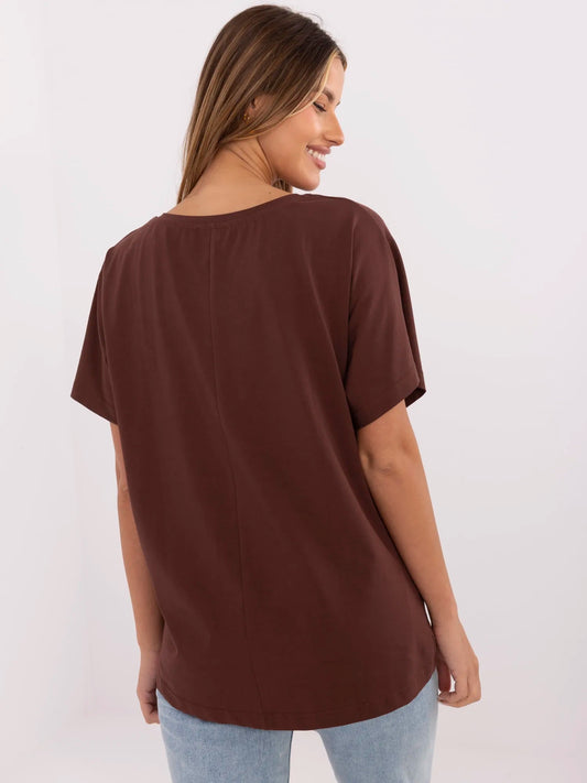 Brązowy damski t-shirt oversize z napisem