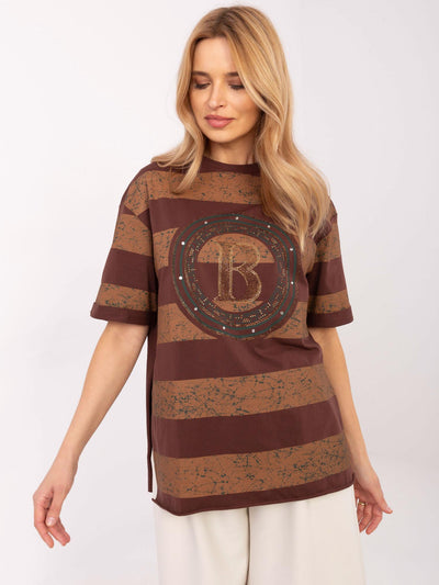 Brązowy damski t-shirt oversize z rozcięciami