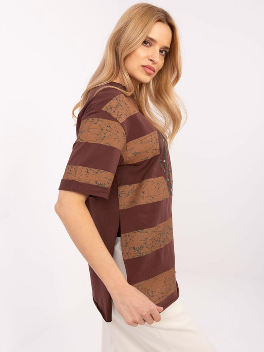 Brązowy damski t-shirt oversize z rozcięciami