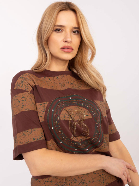 Brązowy damski t-shirt oversize z rozcięciami