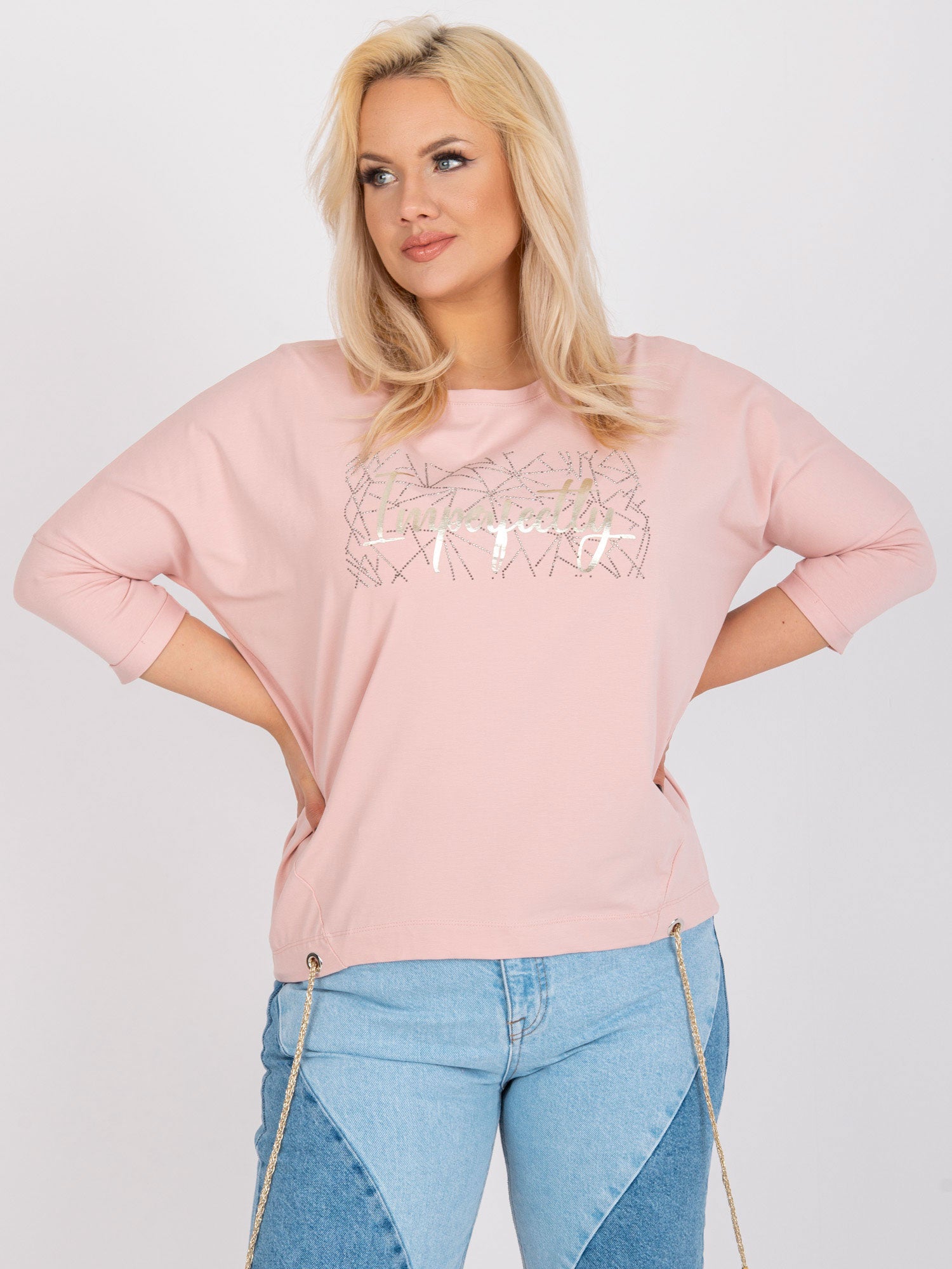 Brudnoróżowa bawełniana bluzka plus size z okrągłym dekoltem
