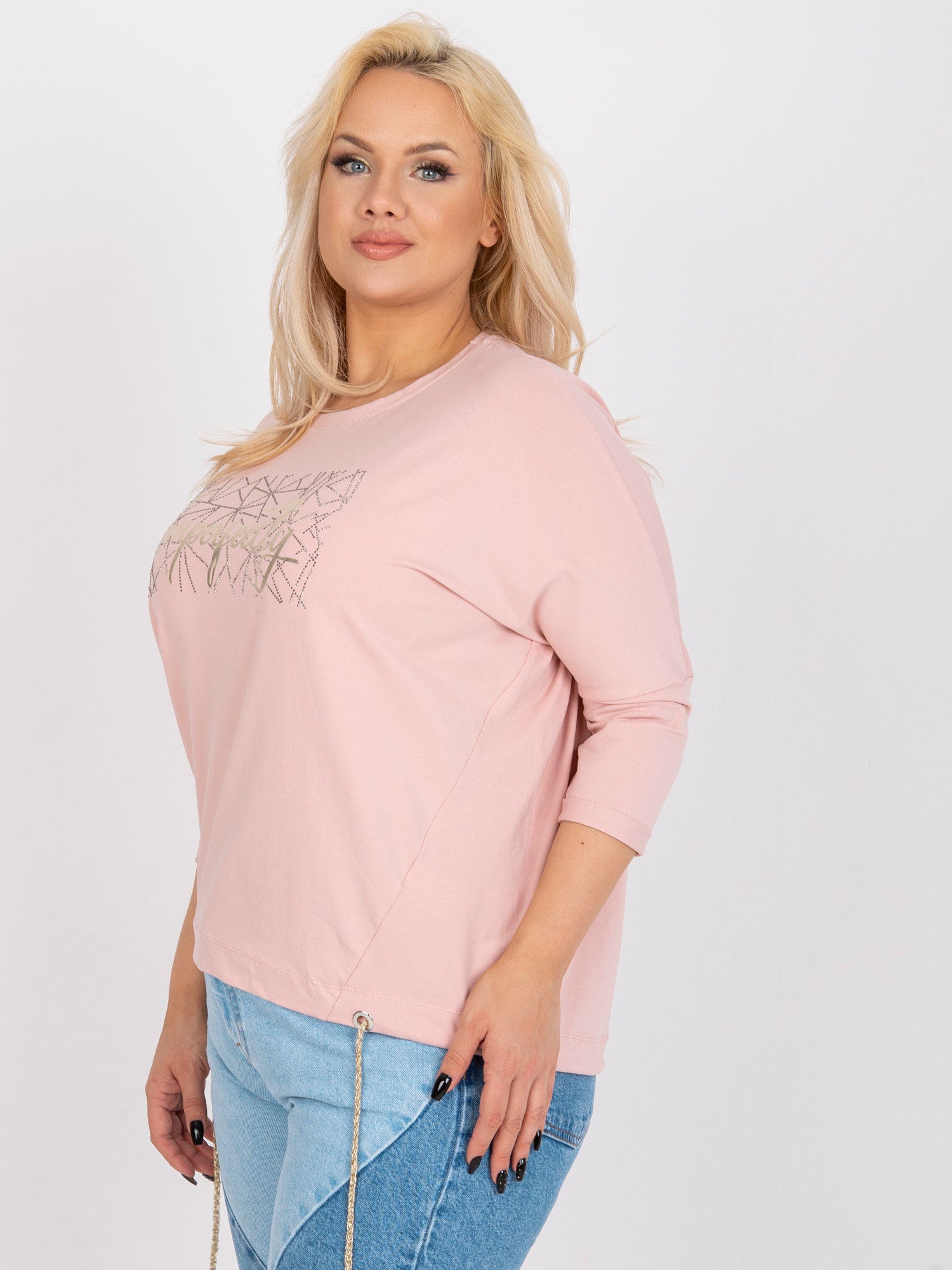 Brudnoróżowa bawełniana bluzka plus size z okrągłym dekoltem