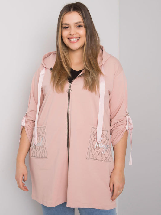 Brudnoróżowa bluza plus size z kapturem i aplikacjami