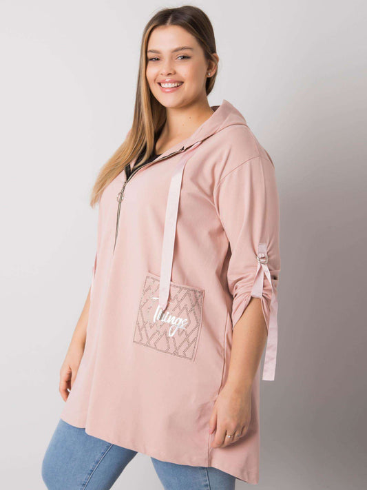 Brudnoróżowa bluza plus size z kapturem i aplikacjami