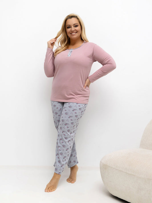 Brudnoróżowa piżama plus size ze spodniami w różę