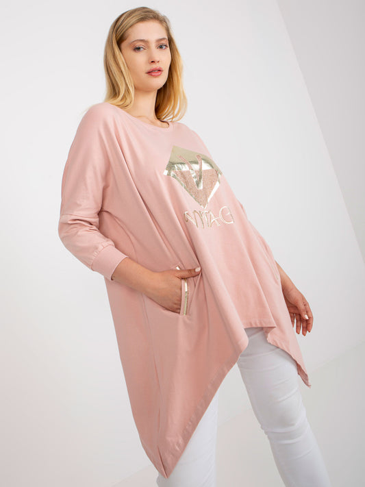 Brudnoróżowa długa bluzka plus size z nadrukiem