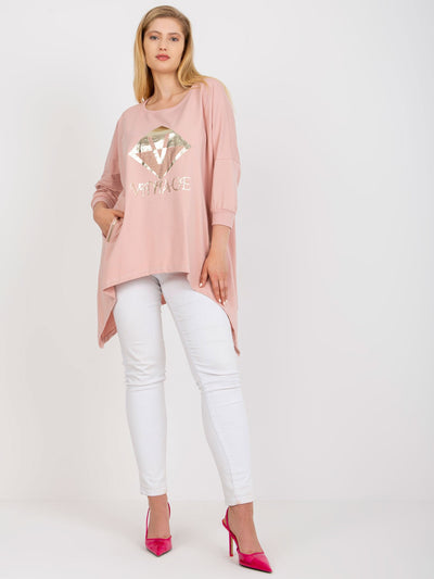 Brudnoróżowa długa bluzka plus size z nadrukiem