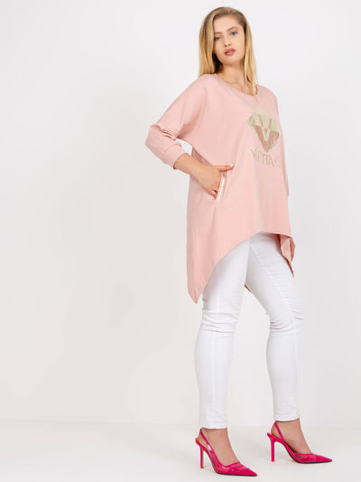 Brudnoróżowa długa bluzka plus size z nadrukiem