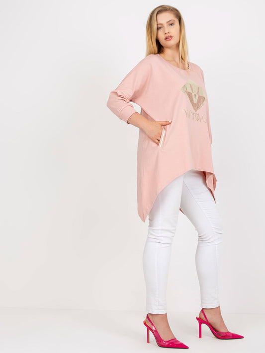 Brudnoróżowa długa bluzka plus size z nadrukiem