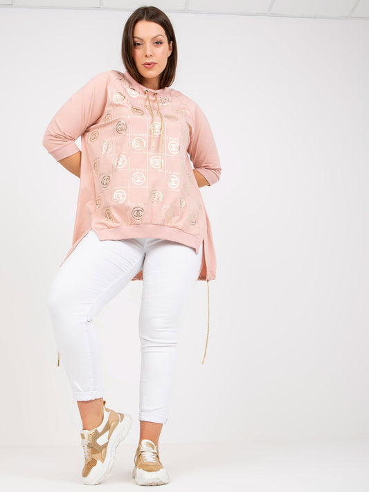 Brudnoróżowa asymetryczna bluzka plus size z rękawem 3/4