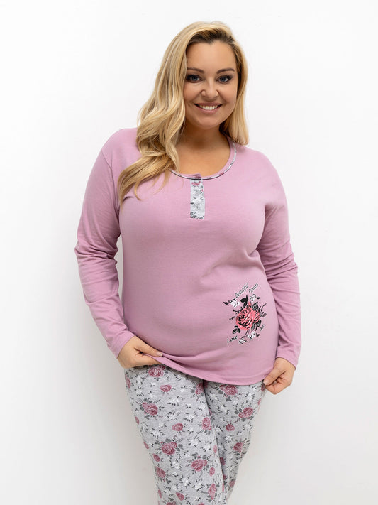 Brudnoróżowa piżama plus size ze spodniami w kwiaty