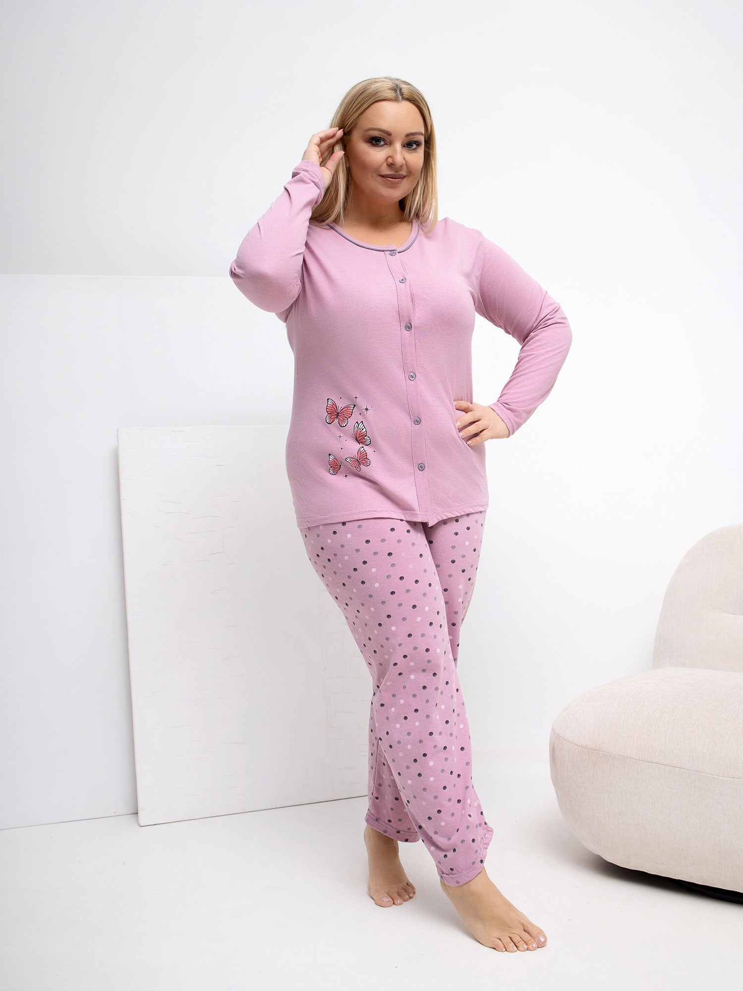 Brudnoróżowa damska piżama plus size z bawełny