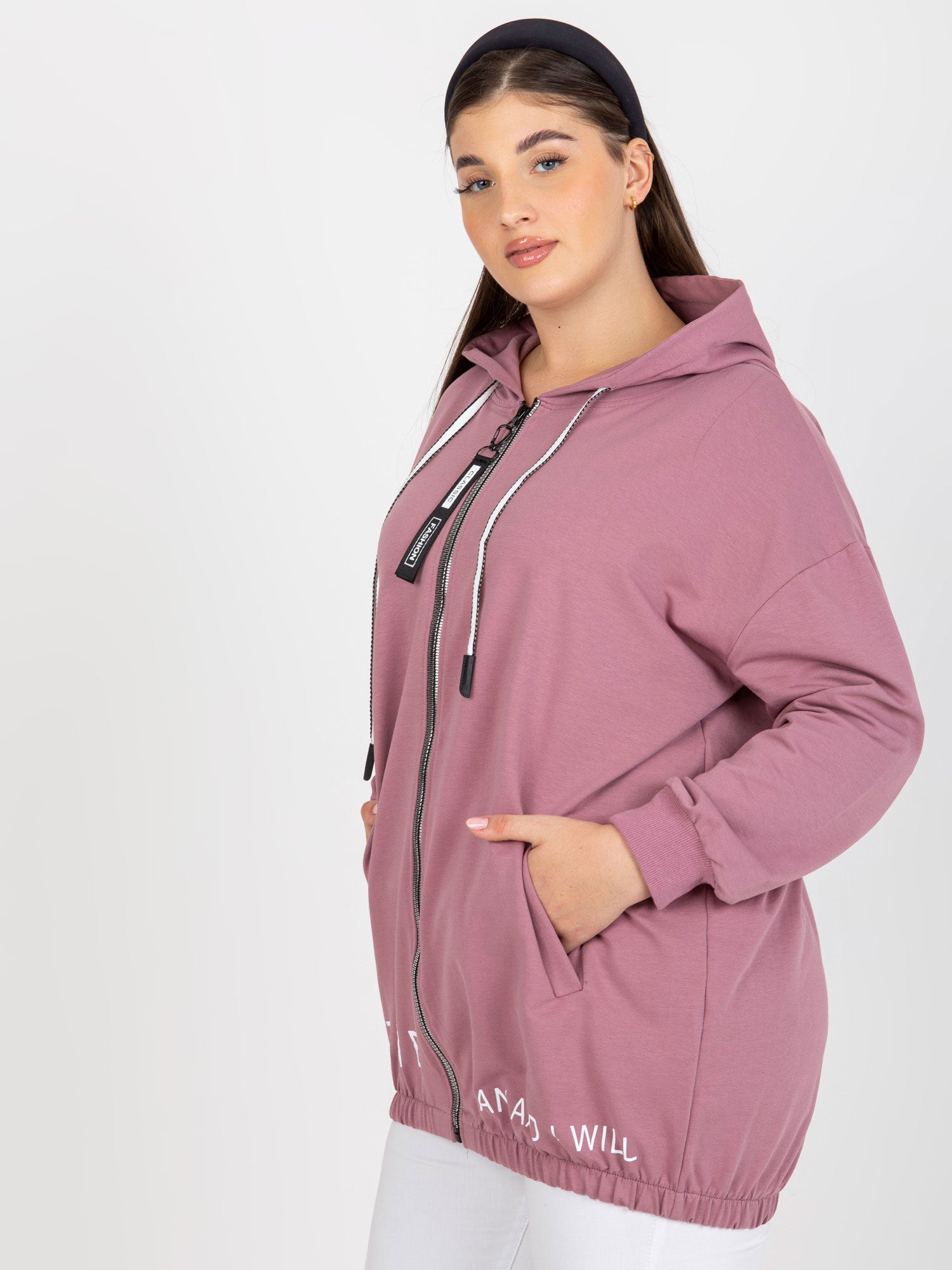 Brudnoróżowa rozpinana bluza plus size z kapturem