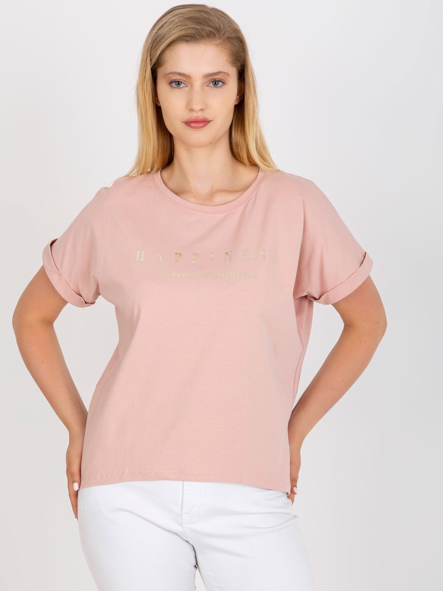 Brudnoróżowy bawełniany t-shirt plus size z napisem