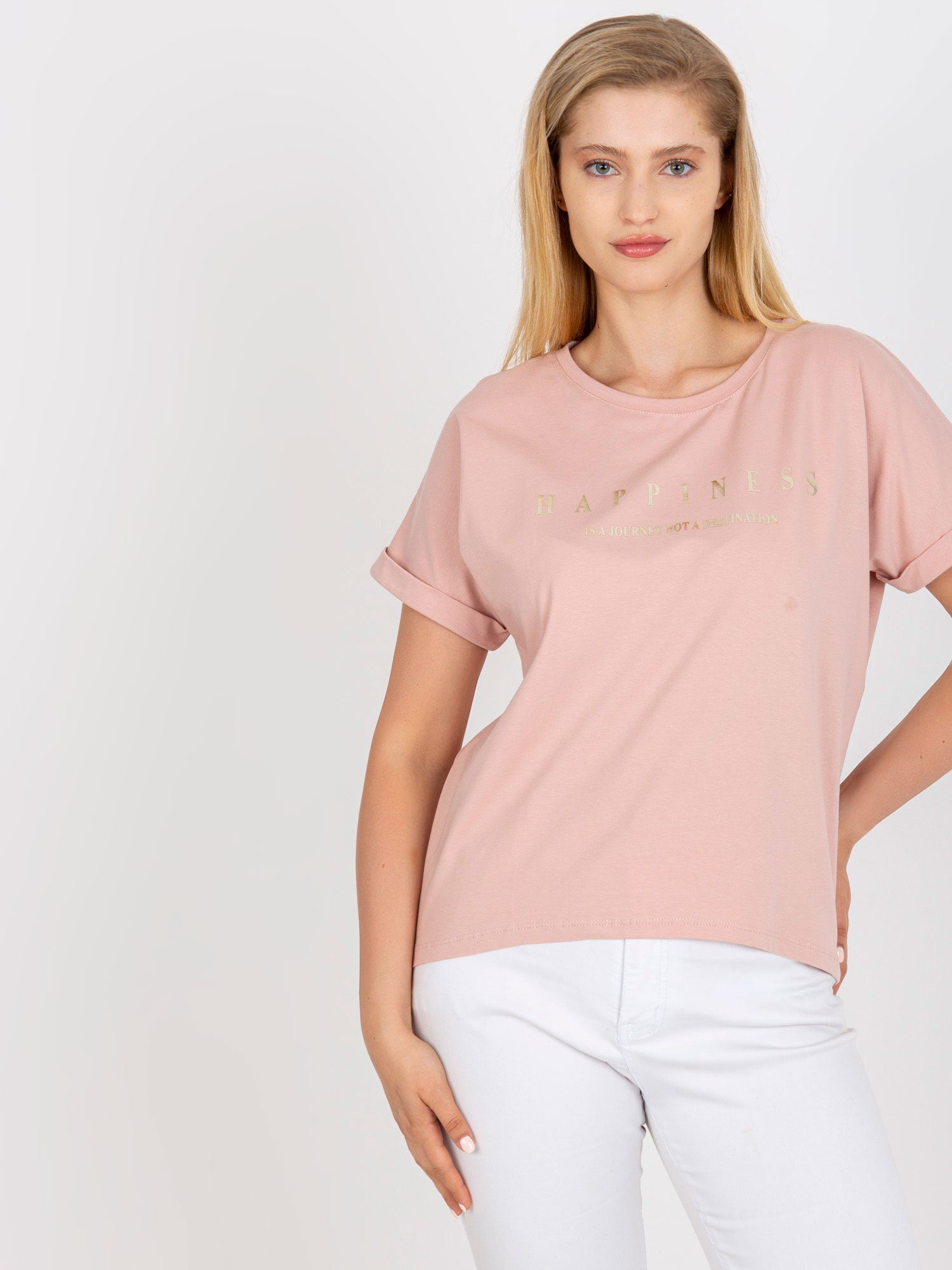 Brudnoróżowy bawełniany t-shirt plus size z napisem