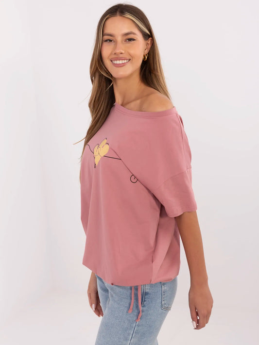 Brudnoróżowy t-shirt ze ściągaczem na dole
