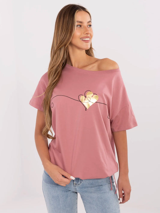 Brudnoróżowy t-shirt ze ściągaczem na dole