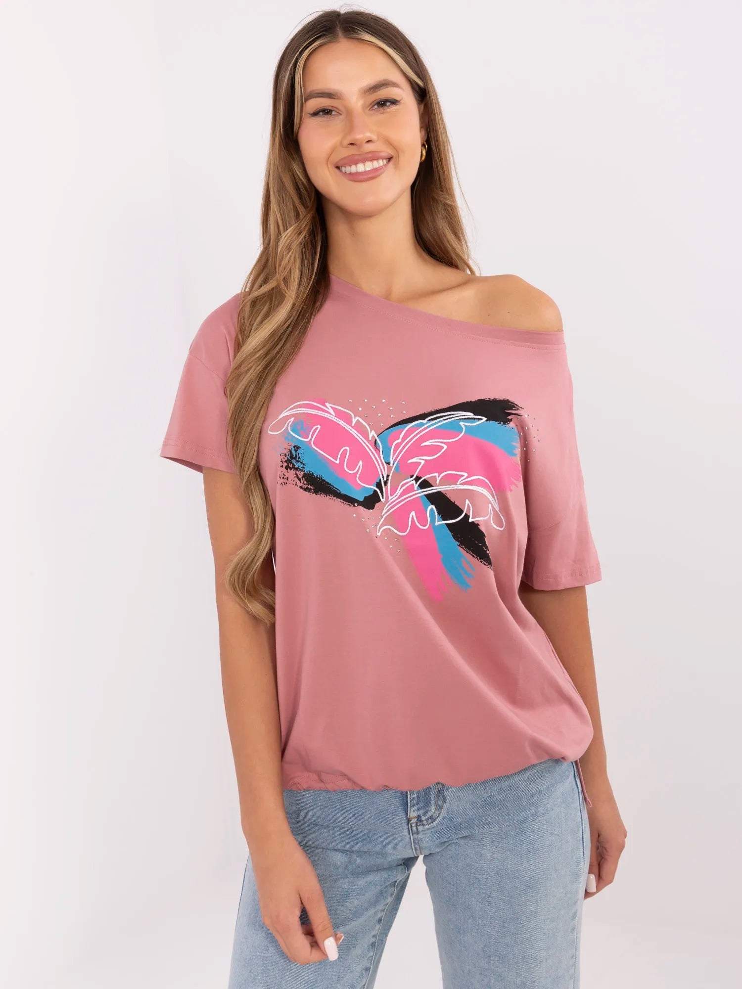 Brudnoróżowy damski t-shirt z wiązaniem