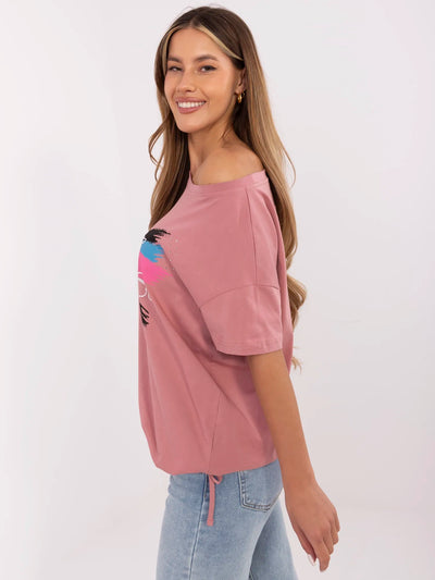 Brudnoróżowy damski t-shirt z wiązaniem
