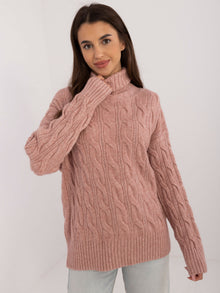 Brudnoróżowy sweter golf z ażurowym wzorem