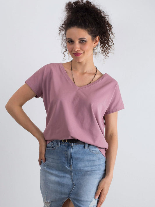 Bawełniany t-shirt V-neck brudnoróżowy