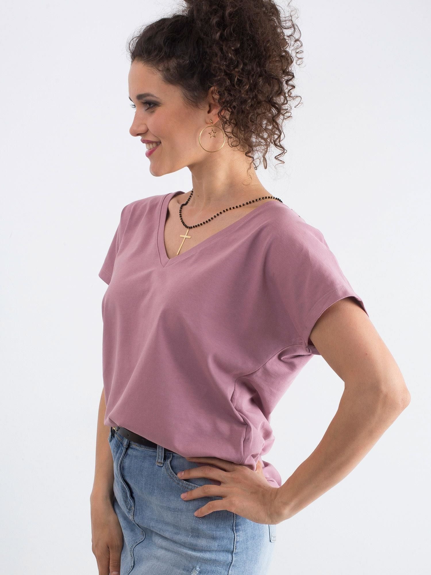Bawełniany t-shirt V-neck brudnoróżowy