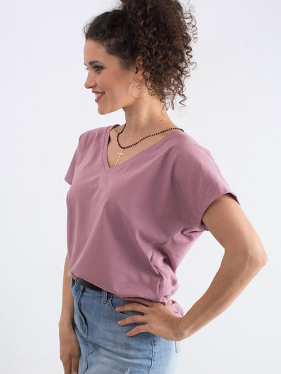 Bawełniany t-shirt V-neck brudnoróżowy