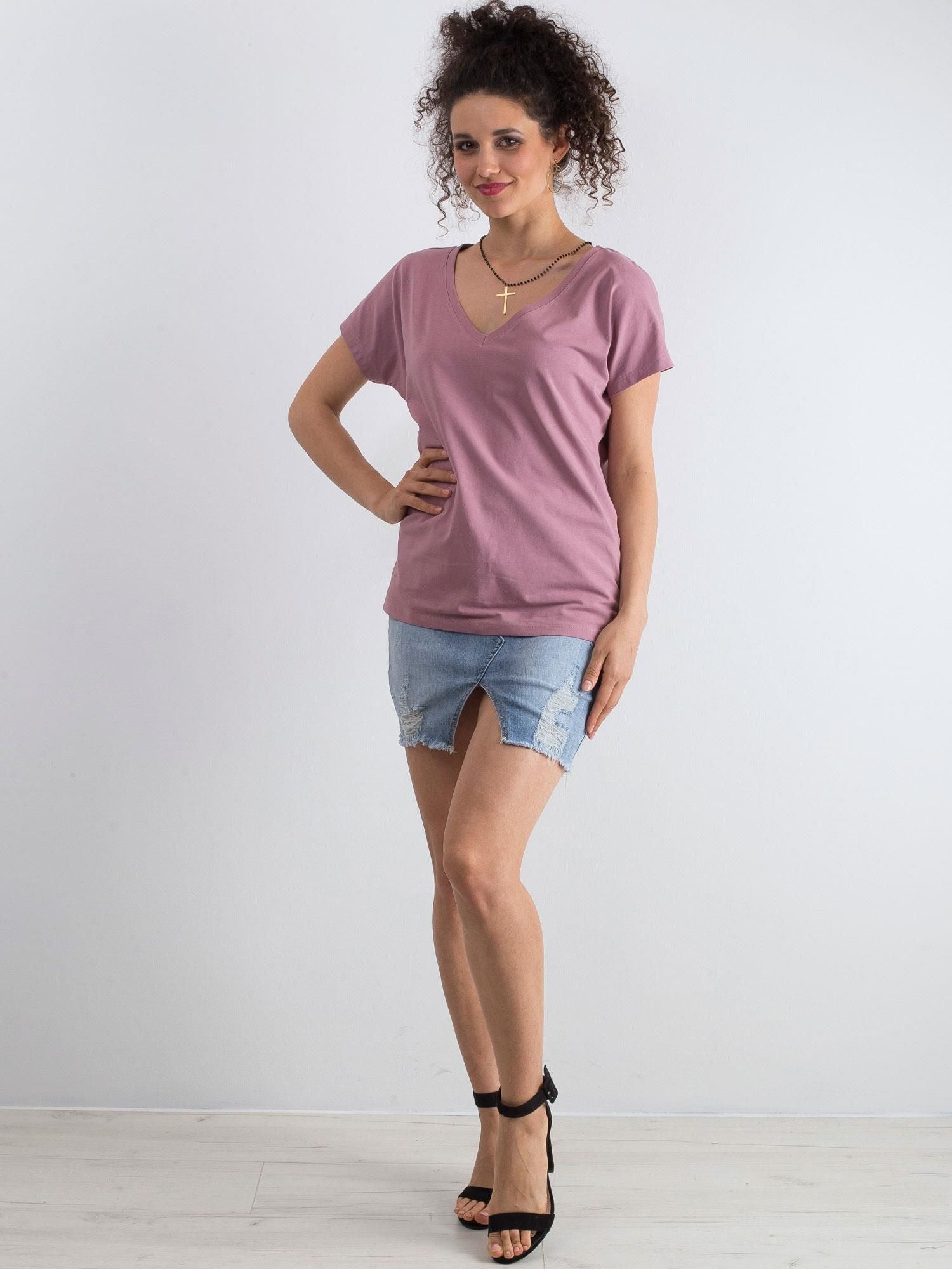 Bawełniany t-shirt V-neck brudnoróżowy
