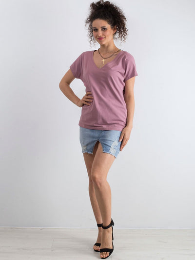 Bawełniany t-shirt V-neck brudnoróżowy