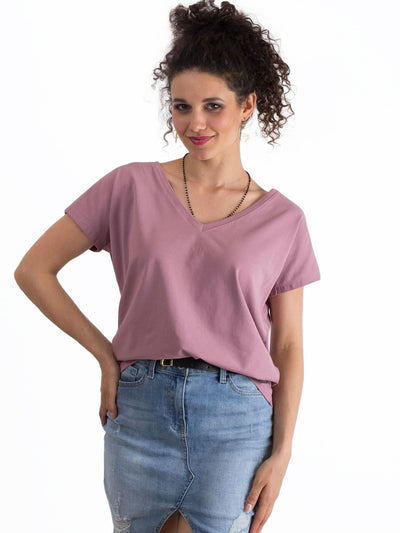 Bawełniany t-shirt V-neck brudnoróżowy