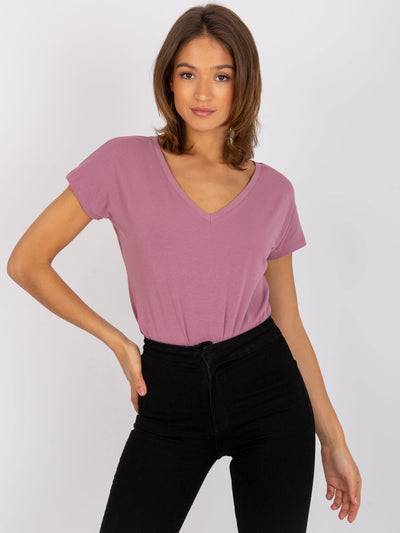 Bawełniany t-shirt V-neck brudnoróżowy