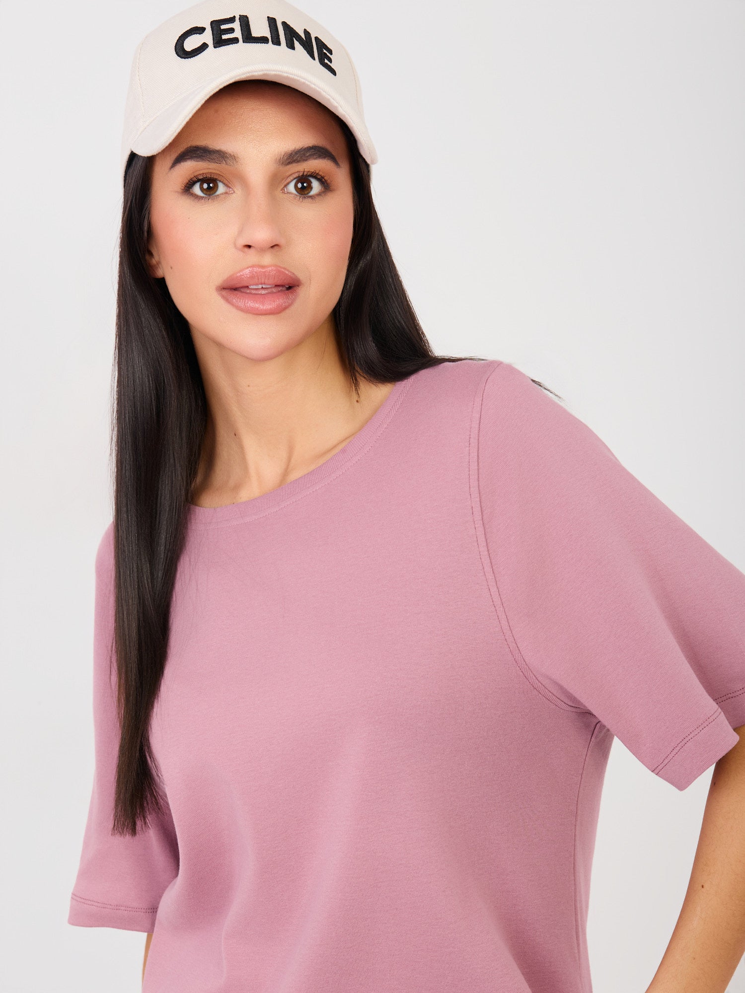 RUE PARIS Brudnoróżowy damski t-shirt basic z bawełny
