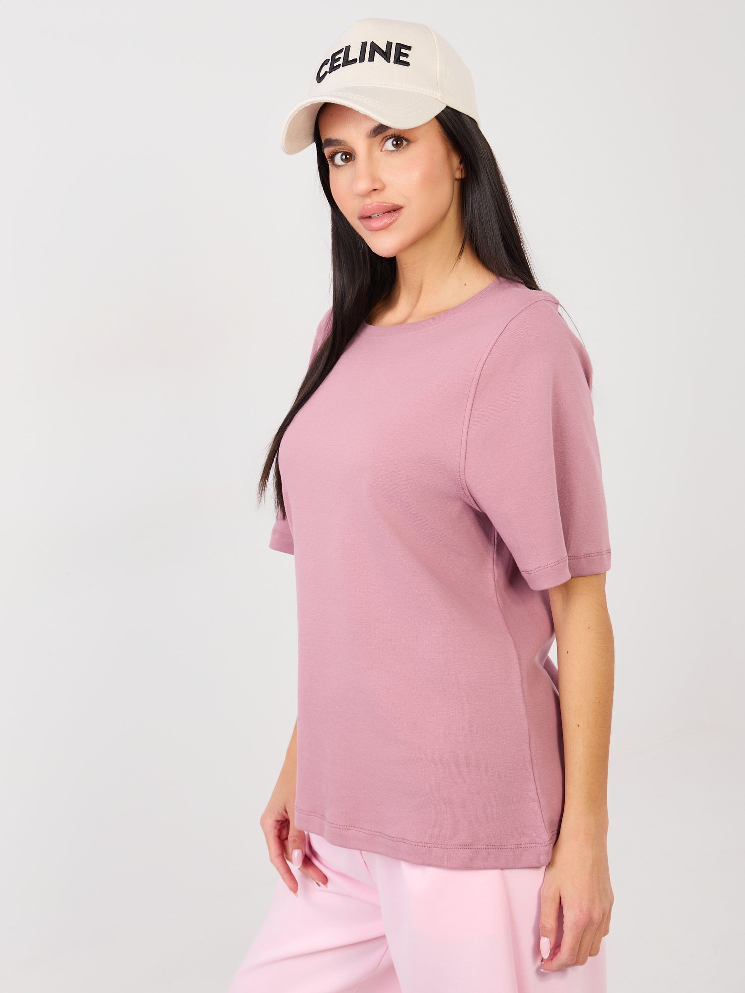 RUE PARIS Brudnoróżowy damski t-shirt basic z bawełny