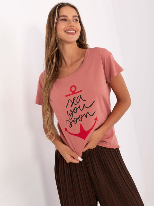 Brudnoróżowy damski t-shirt z bawełny