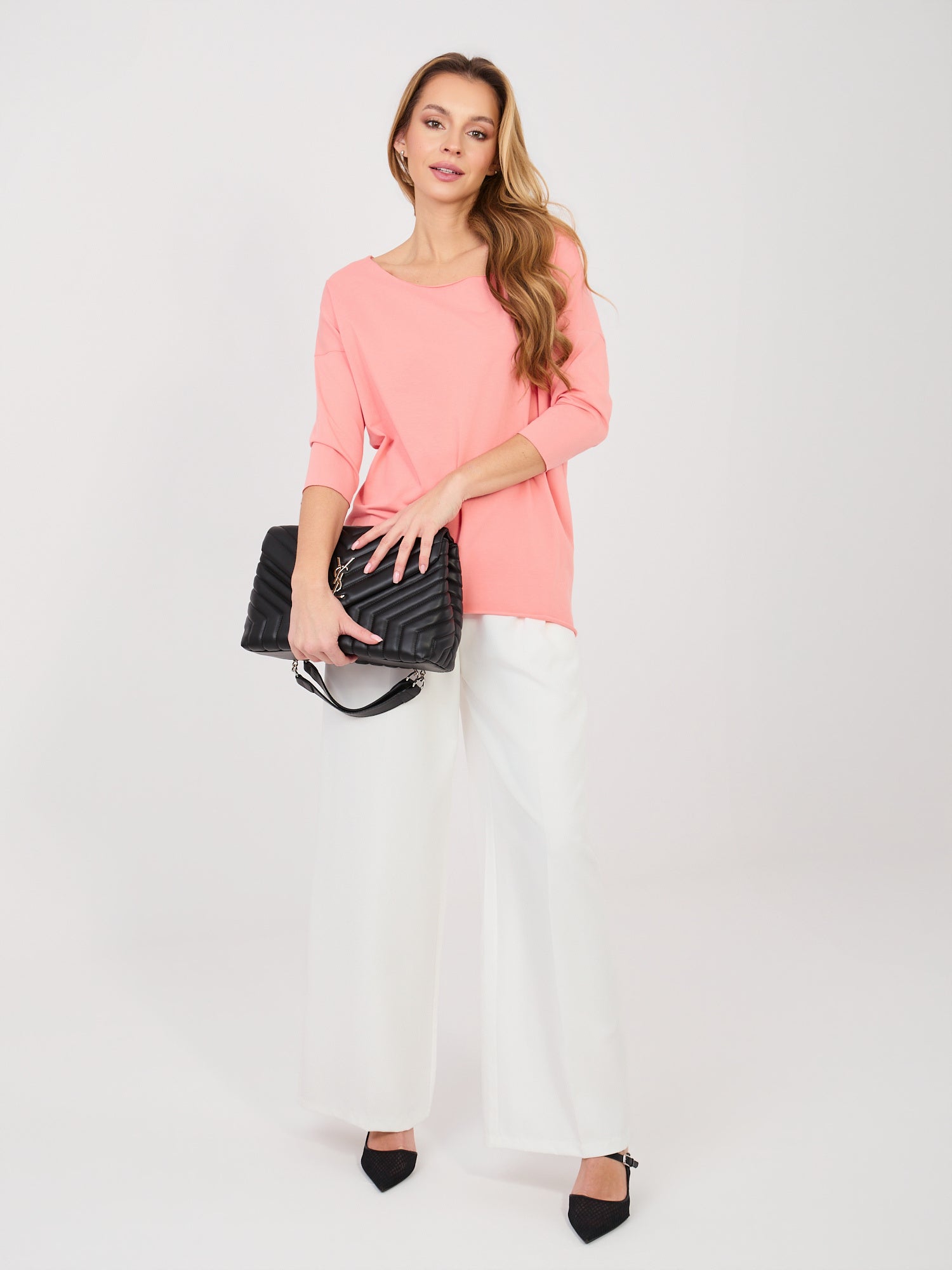 RUE PARIS Brzoskwiniowa damska bluzka basic z bawełny