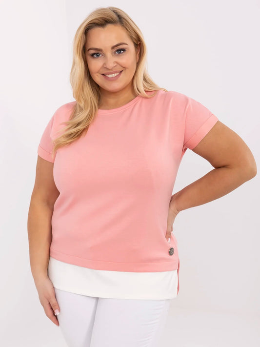 Brzoskwiniowa bluzka plus size z białą wstawką