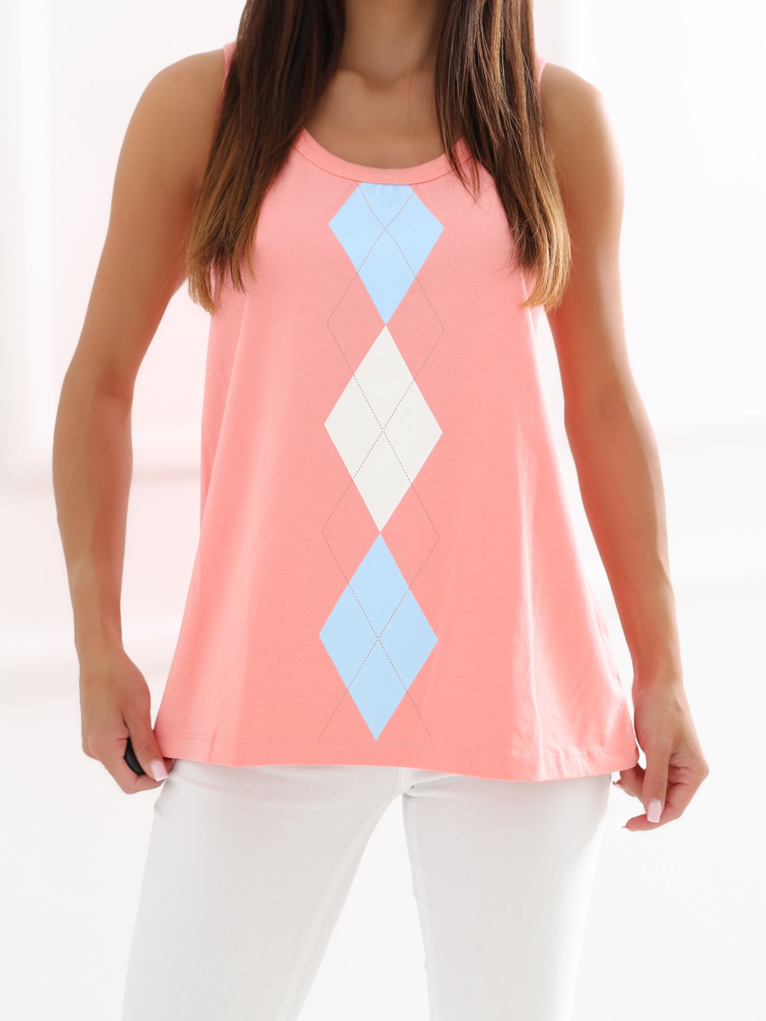Brzoskwiniowy damski tank top w romby