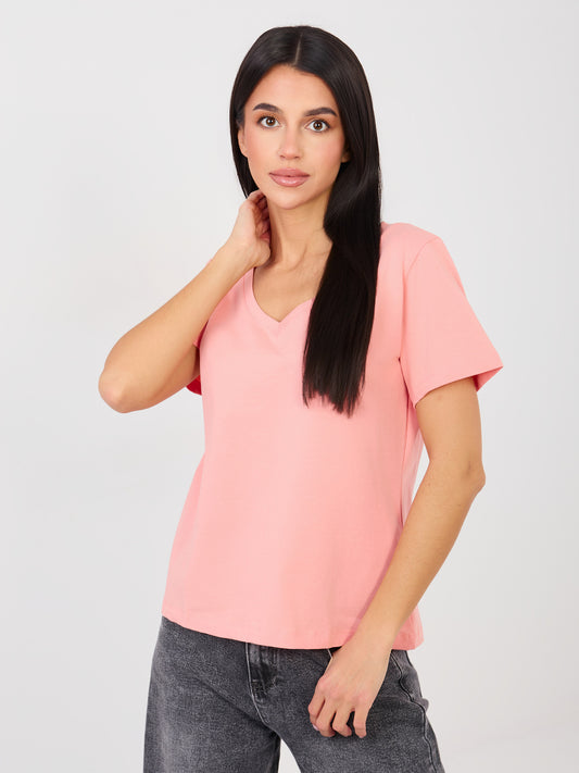 RUE PARIS Brzoskwiniowy t-shirt basic z dekoltem V