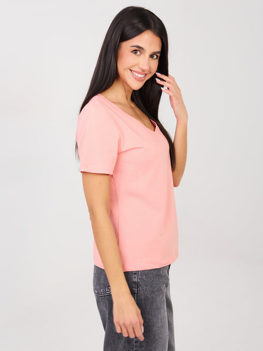 RUE PARIS Brzoskwiniowy t-shirt basic z dekoltem V