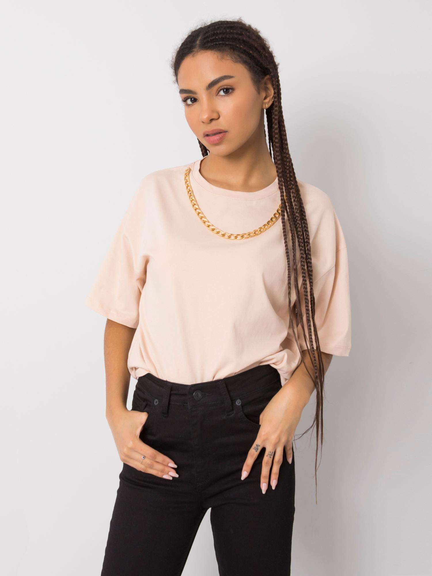 RUE PARIS Brzoskwiniowy t-shirt z naszyjnikiem