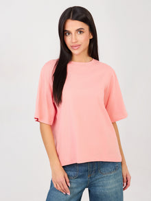 RUE PARIS Brzoskwiniowy t-shirt basic z okrągłym dekoltem