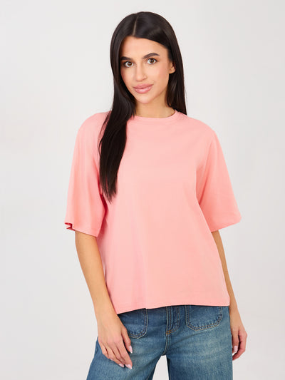 RUE PARIS Brzoskwiniowy t-shirt basic z okrągłym dekoltem