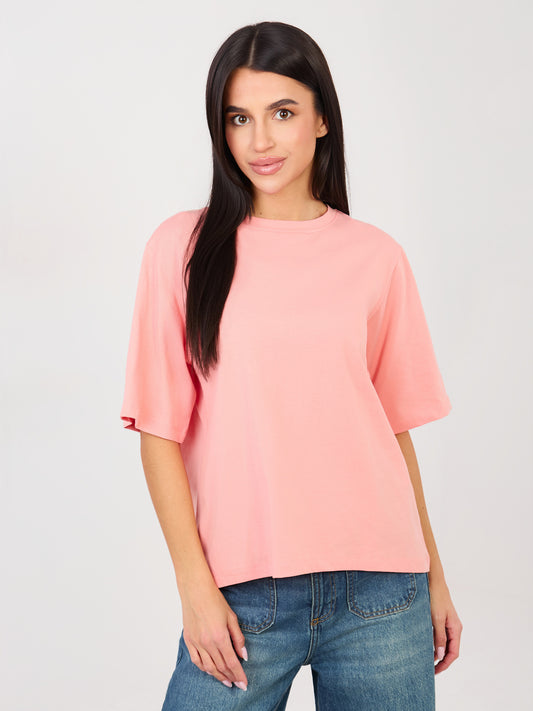 RUE PARIS Brzoskwiniowy t-shirt basic z okrągłym dekoltem