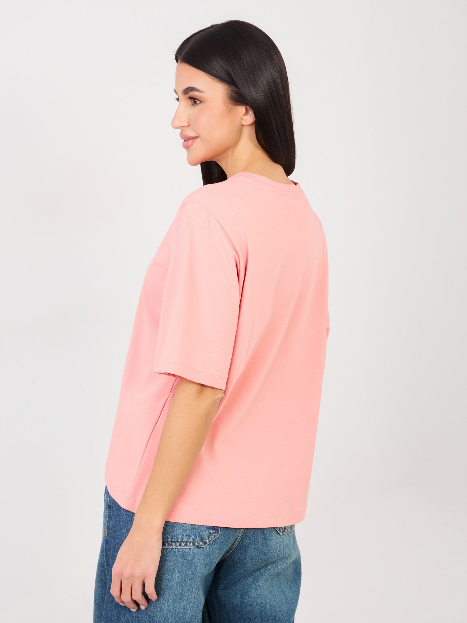 RUE PARIS Brzoskwiniowy t-shirt basic z okrągłym dekoltem