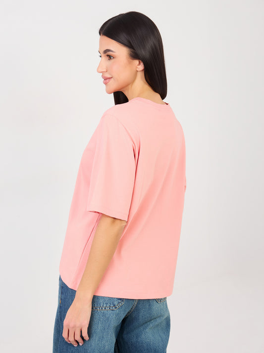RUE PARIS Brzoskwiniowy t-shirt basic z okrągłym dekoltem