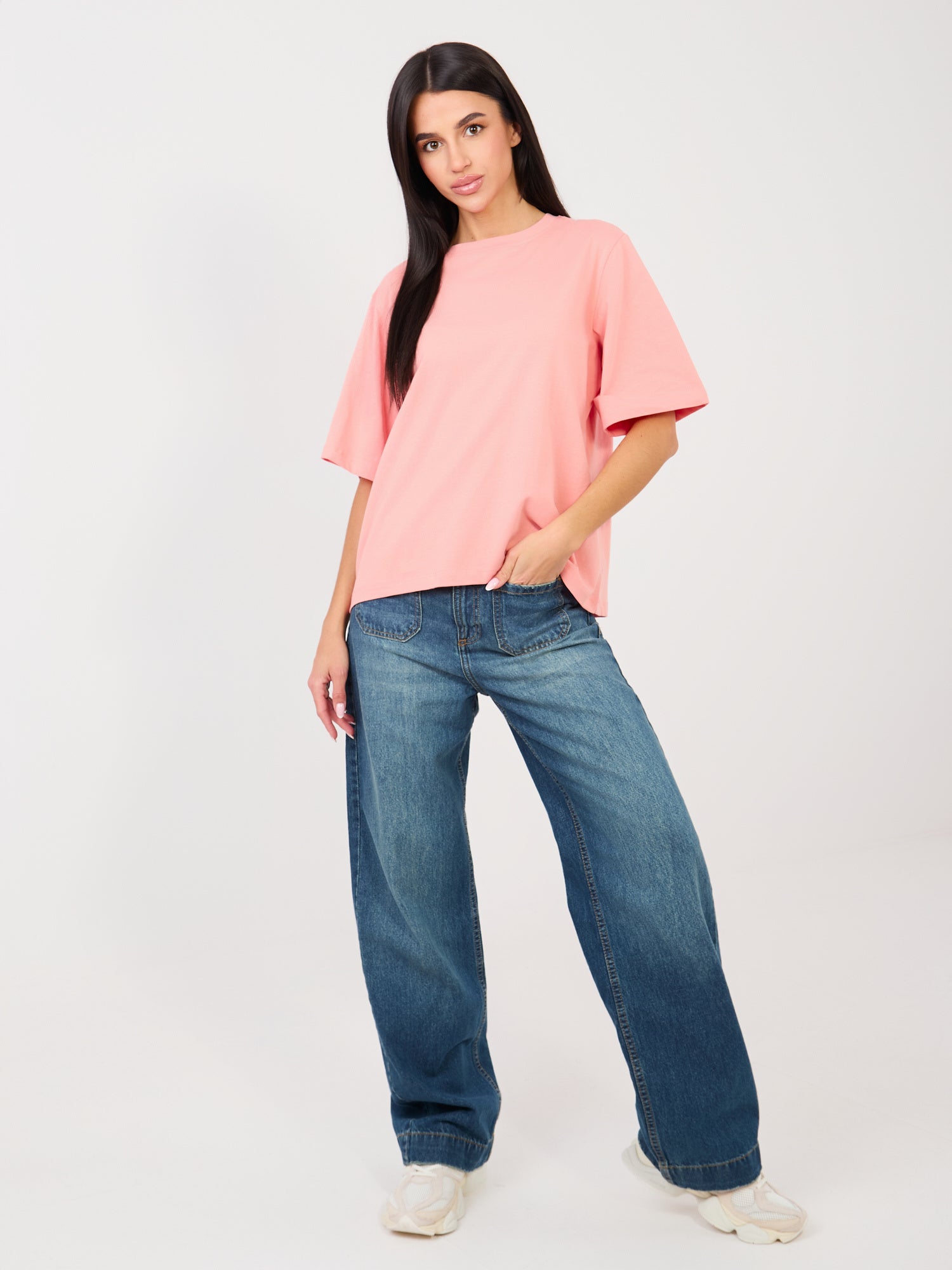 RUE PARIS Brzoskwiniowy t-shirt basic z okrągłym dekoltem