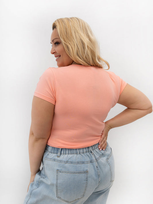 RUE PARIS Brzoskwiniowy t-shirt basic plus size z bawełny